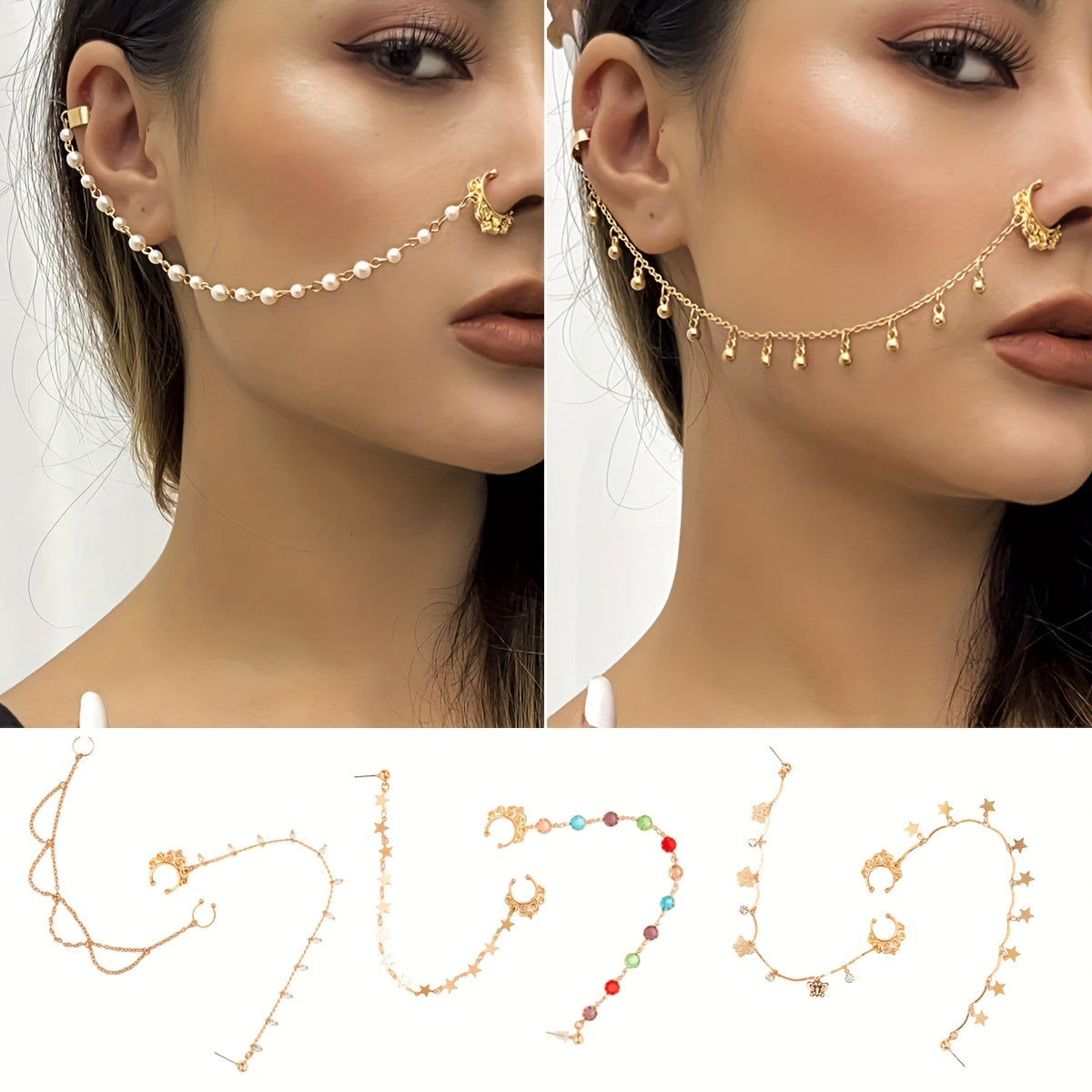 Faux Pearl Butterfly Tassel Chain Ear Cuff - No-Piercing Clip-On Earring Accessory with Ethnic Style Details - Perfect for Women Seeking Unique, Statement-Making Jewelry