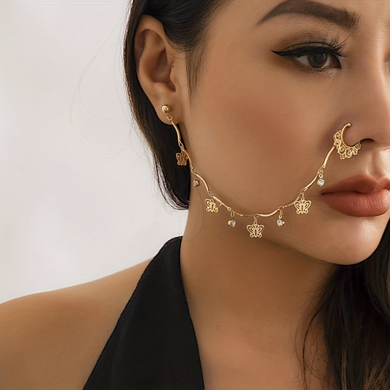 Faux Pearl Butterfly Tassel Chain Ear Cuff - No-Piercing Clip-On Earring Accessory with Ethnic Style Details - Perfect for Women Seeking Unique, Statement-Making Jewelry